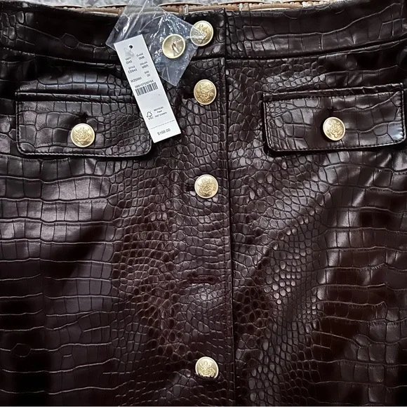 J. Crew Collection Mini Skirt Croc-Embellished Faux Leather Midnight Brown 00 - Picture 4 of 7